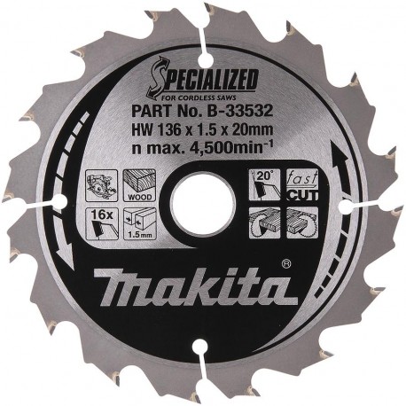 MAKITA B-33532 kotouč pilový dřevo SPECIALIZED 136x1.5x20mm 16Z pro aku pily , old B-10643